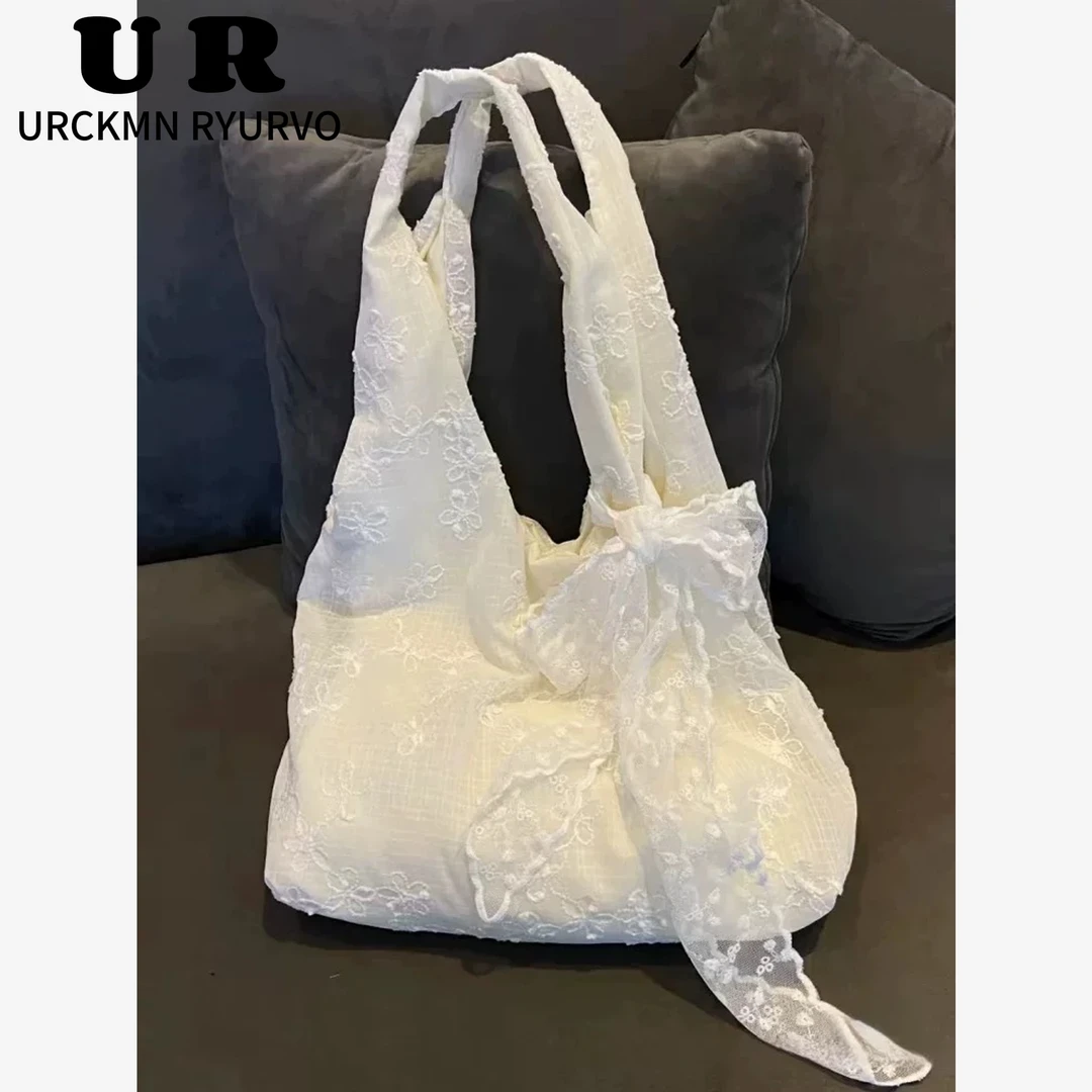 URCKMN RYURVO2025春夏新款小清新雪纺小花蕾丝刺绣帆布托特包
