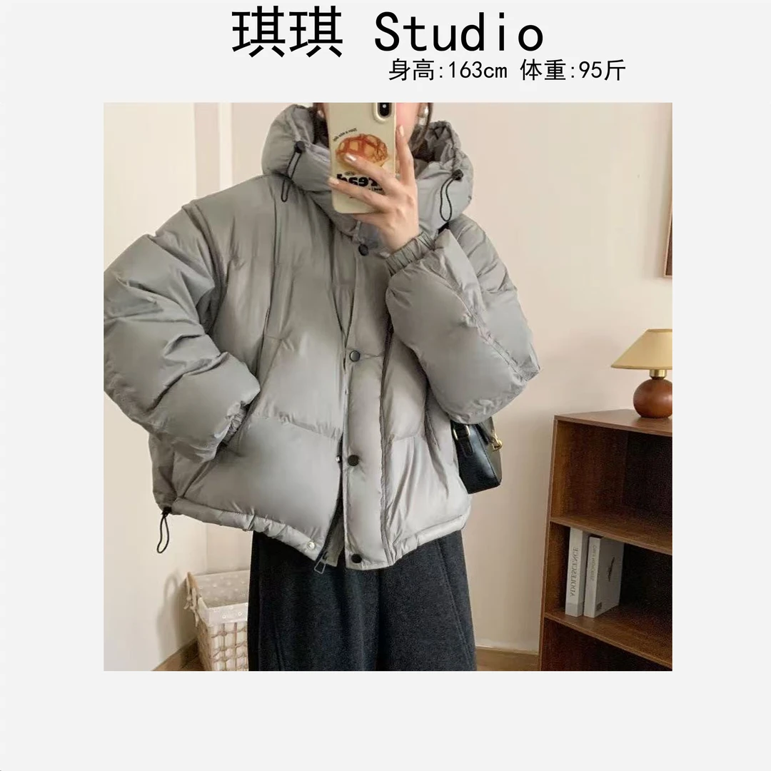 冬季新款潮流气质时尚摁扣下抽绳连帽显瘦减龄百搭羽绒服外套-M