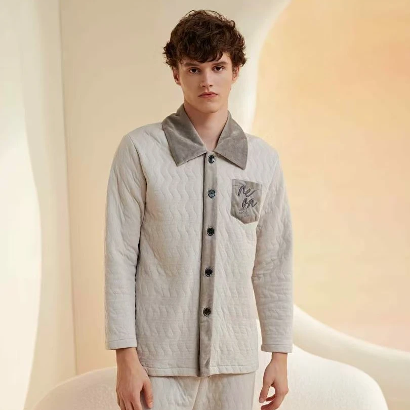 秋冬新款男士空气棉夹层纯棉保暖睡衣套装可外穿家居服