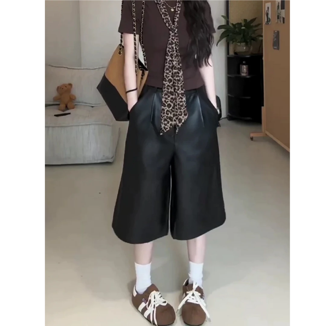 【矮个子女裤】黑色七八分皮裤秋季新款显瘦遮胯PU阔腿裤时髦直筒裤