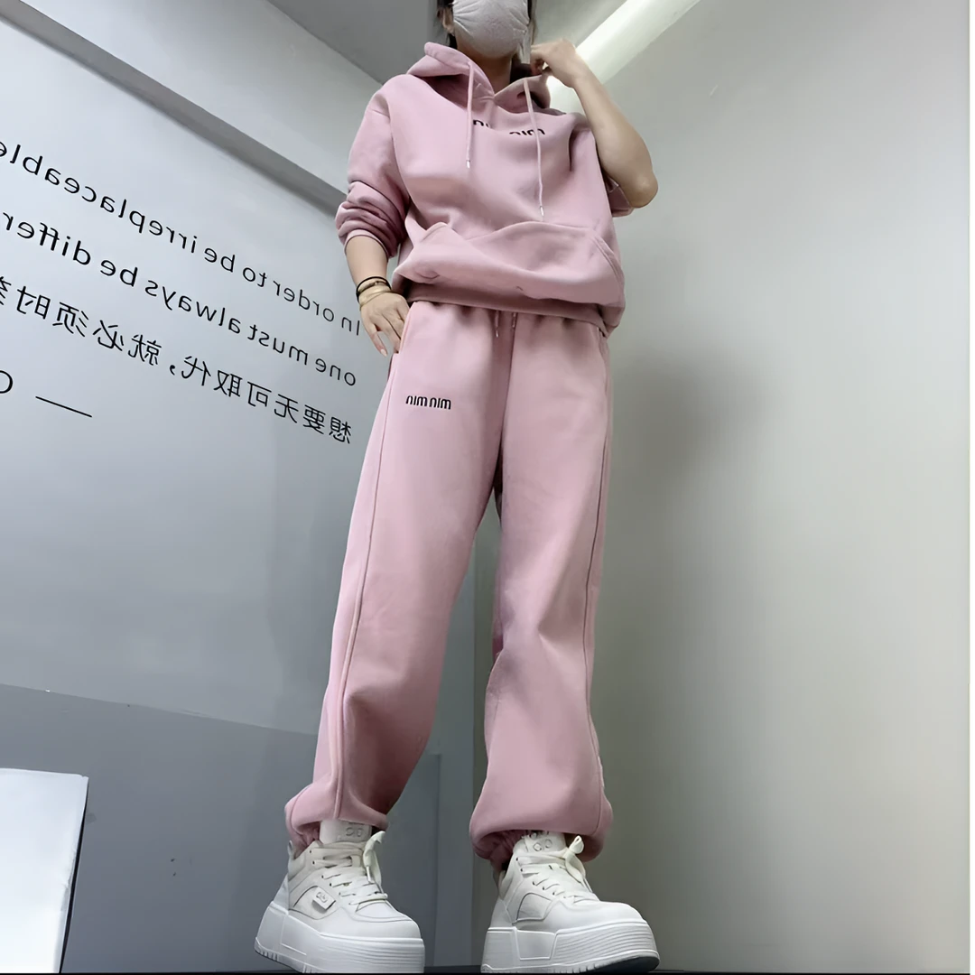 新款时尚加绒加厚套装字母连帽卫衣显瘦卫裤休闲运动两件套女