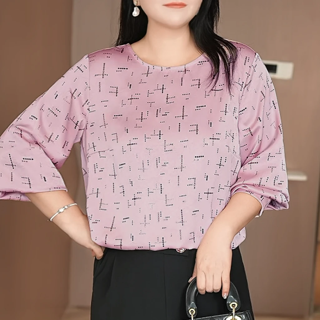 MsShe大码女装秋装优雅皱感烫金印花缎面宽松小衫B2508046