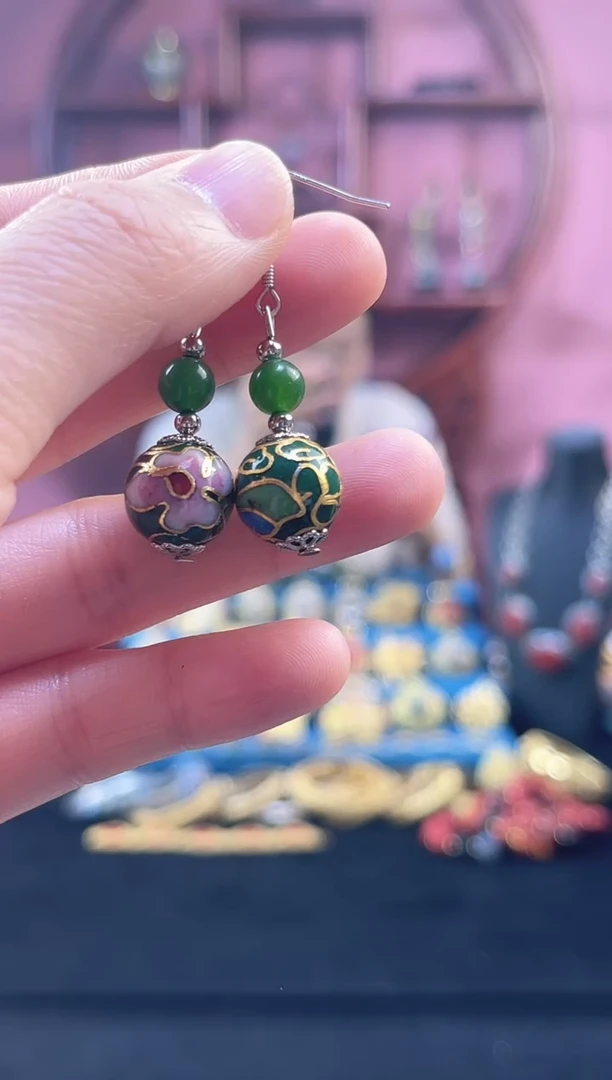 非遗 景泰蓝 耳环 墨绿