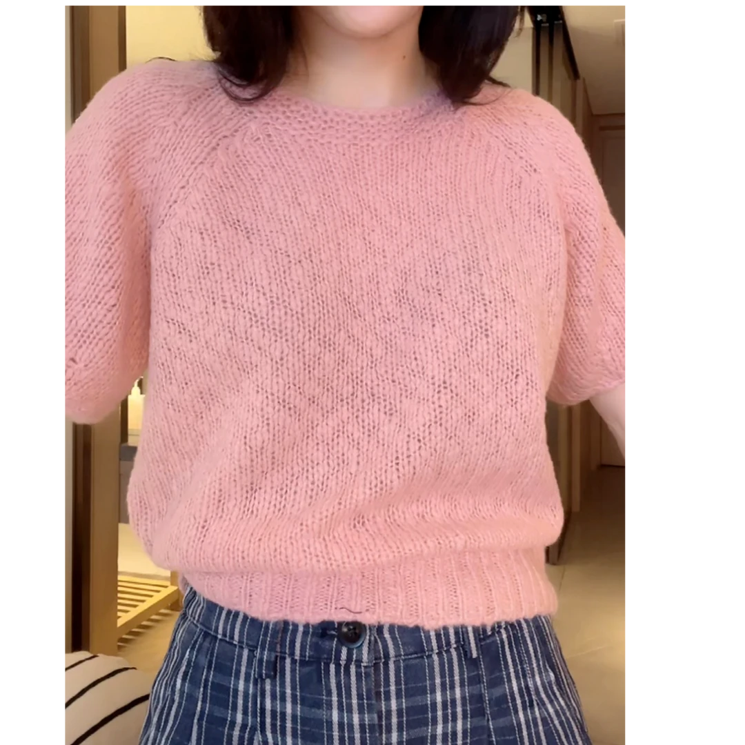 软糯温柔云朵纱针织衫2025新款春夏显瘦圆领短袖气质欧若风上衣