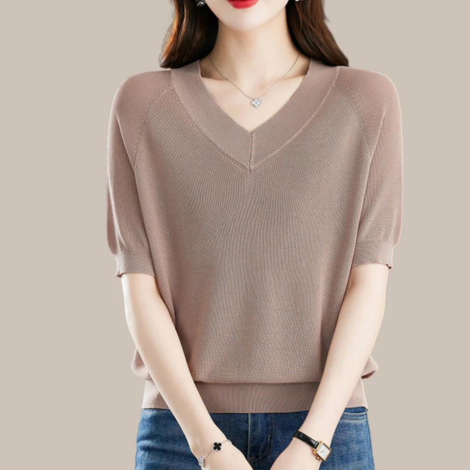 宽松遮肚【80-180斤】V领冰丝短袖T恤女夏新款纯色针织洋气上衣薄款
