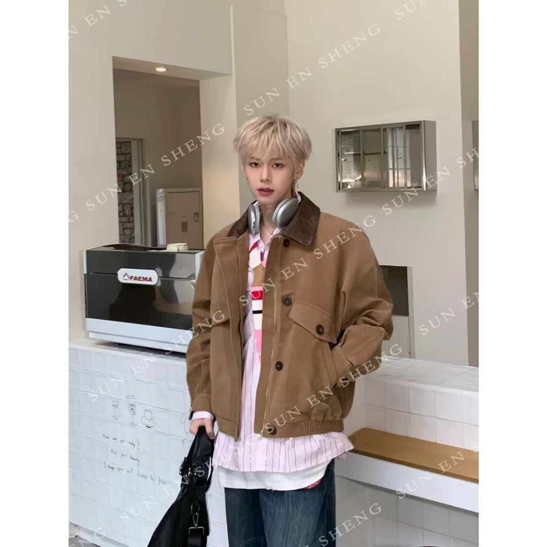 孙恩盛【时髦复古】撞色麂皮绒重工外套磨毛感中古感做旧外套