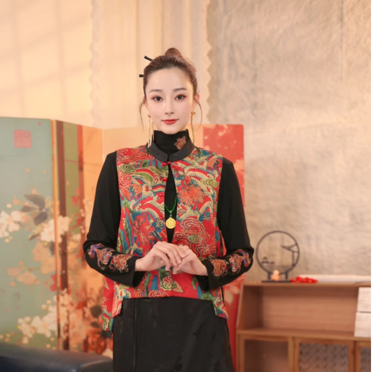 【红色经典款】祥云海浪新中式国风刺绣双面双穿马甲民族风上衣