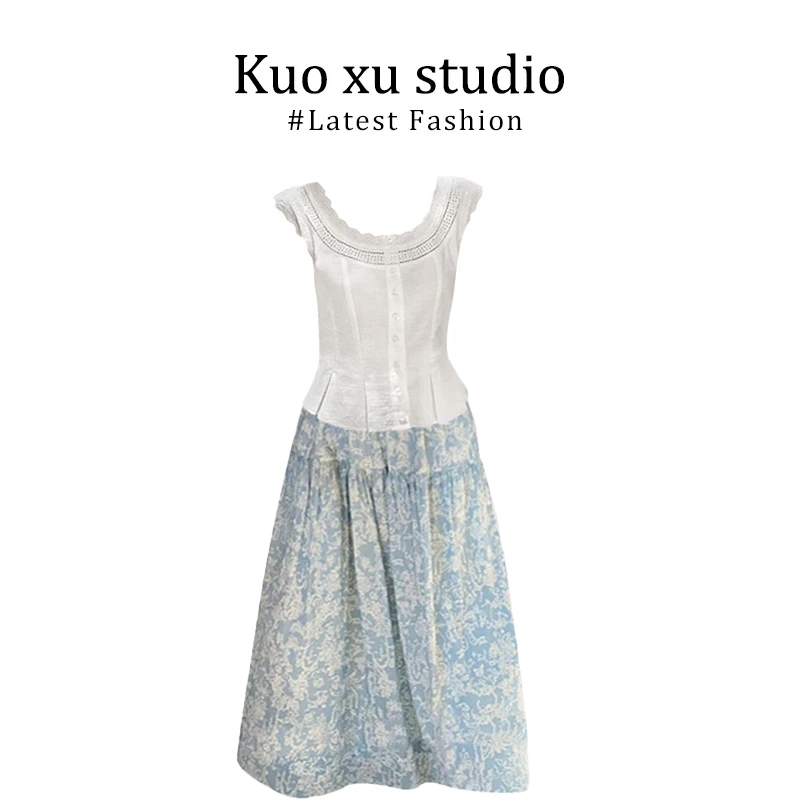 法式复古蕾丝拼接无袖衬衫小众别致绝美小上衣蓝色半身裙碎花裙子