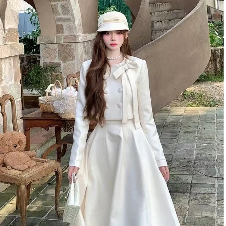 南洋富家千金秋季法式珍珠蝴蝶结A字廓形长半裙时尚套装