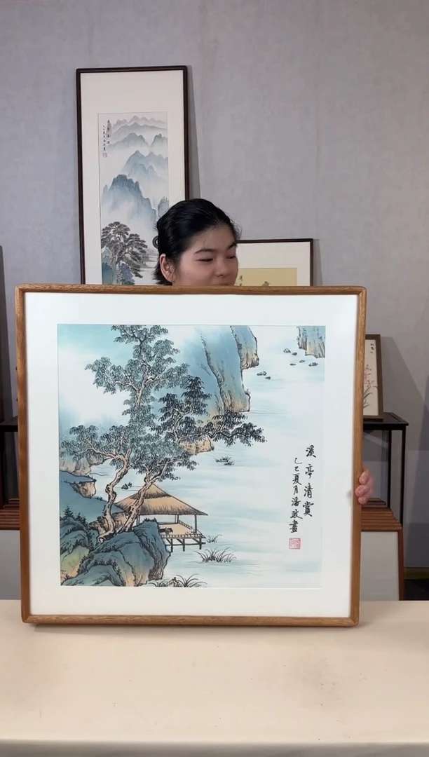 国画手绘*溪亭清赏*62*62cm实木框