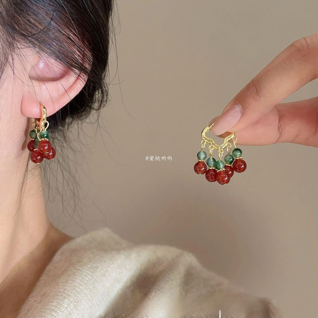 合金琉璃耳饰 新中式宫廷串珠耳环女轻奢复古耳坠方圆脸显瘦耳饰