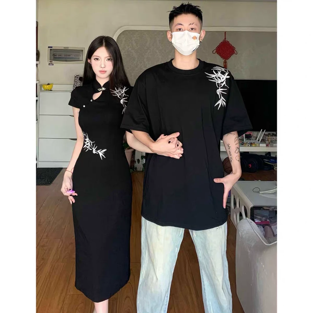 新中式情侣装夏季国风刺绣短袖t恤男女改良旗袍半袖3609/3610
