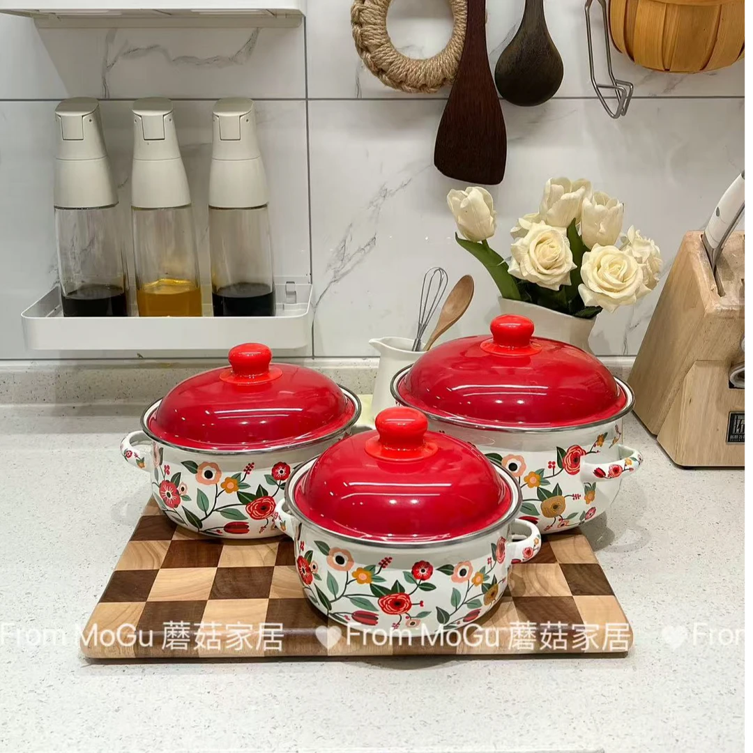 蘑菇家居小红花珐琅搪瓷汤锅奶锅明火电磁炉通用泡面火锅双耳辅食