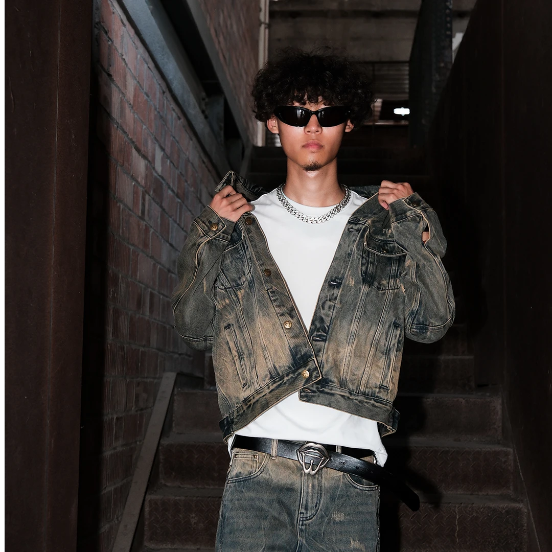 LILWET美式扎花牛仔外套 嘻哈潮流复古做旧破洞cleanfit夹克休闲