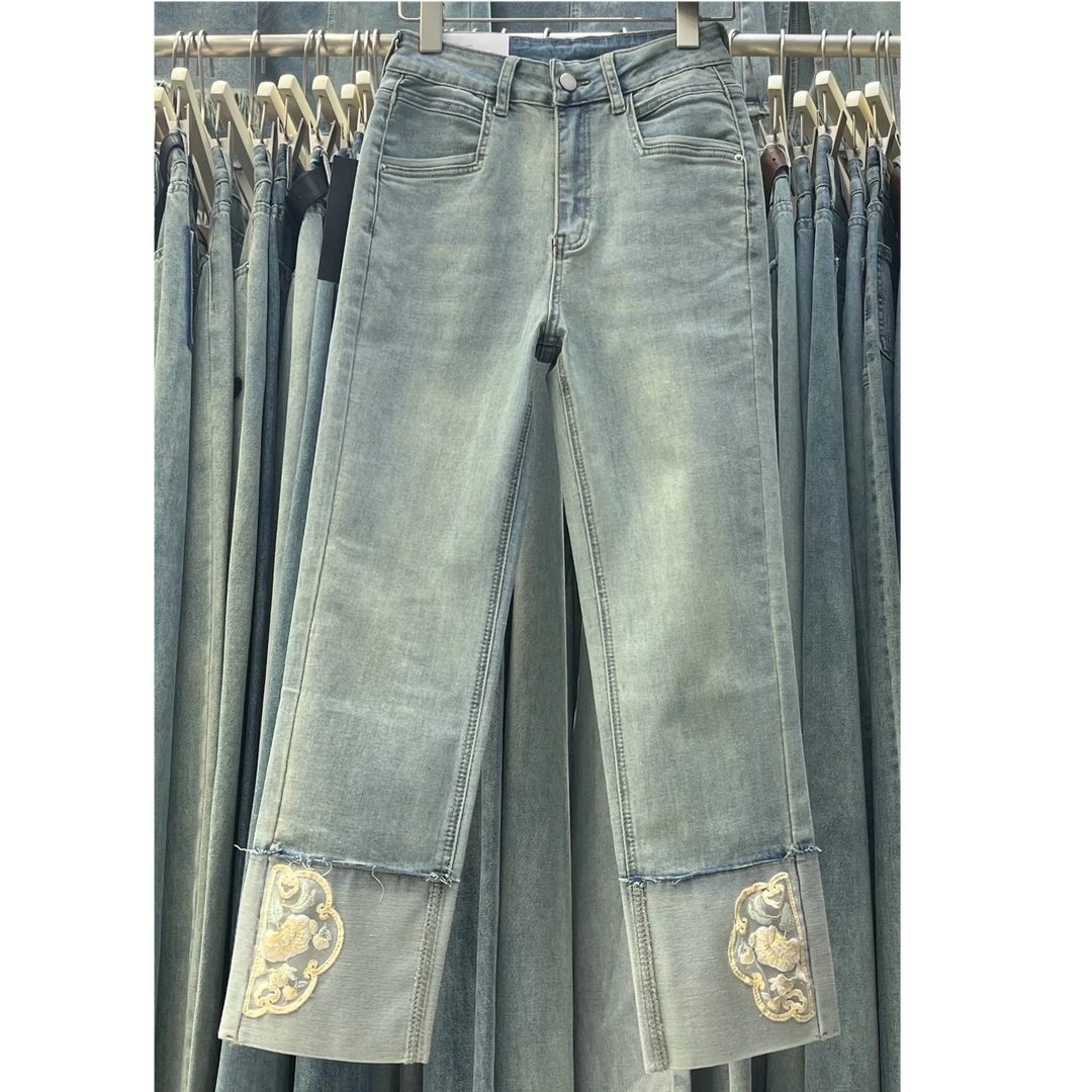 YK421035中国风牛仔裤百搭国风设计烟管裤裤子