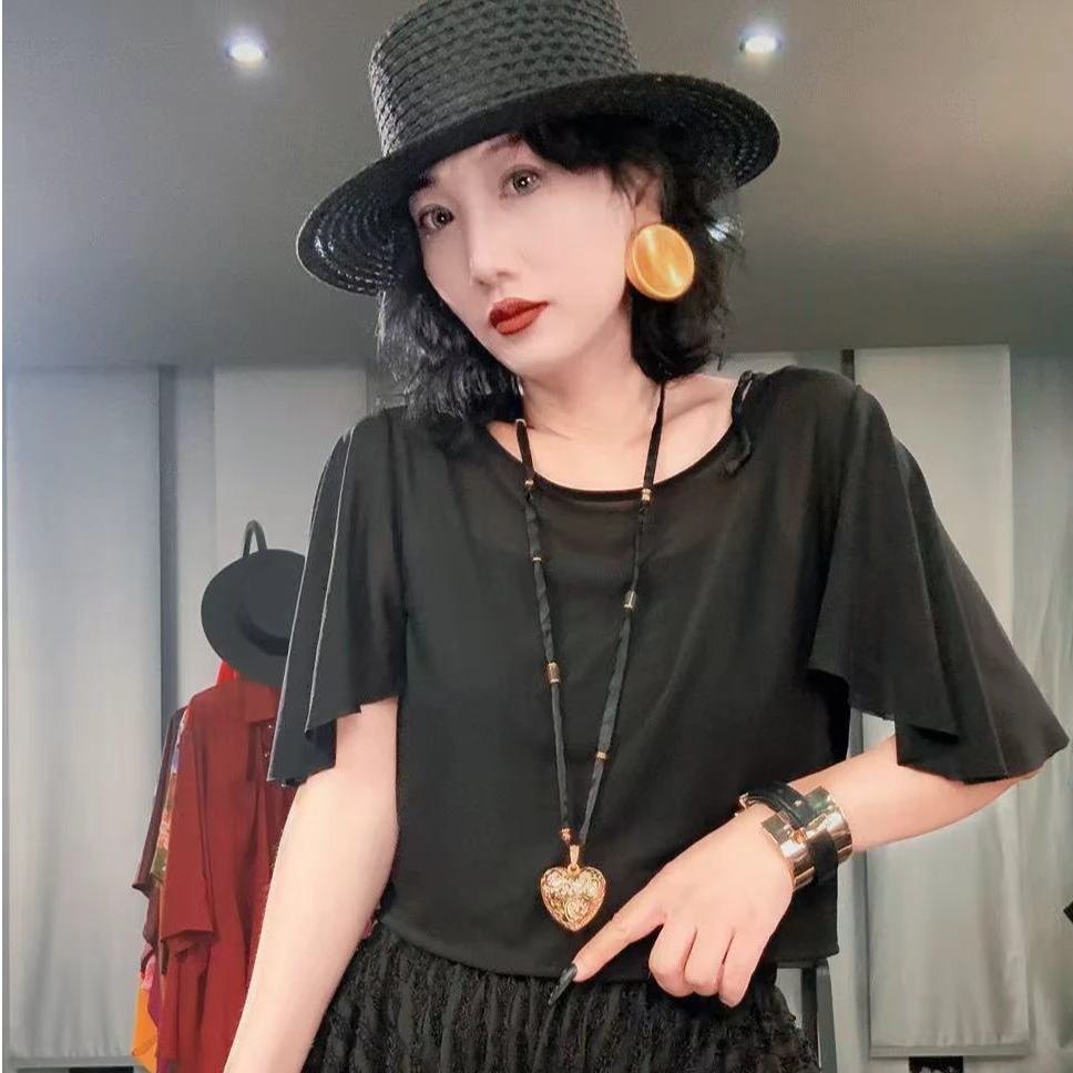 2025夏季网弹蝴蝶袖打底衫女时尚气质轻薄透气宽松百搭短袖上衣潮