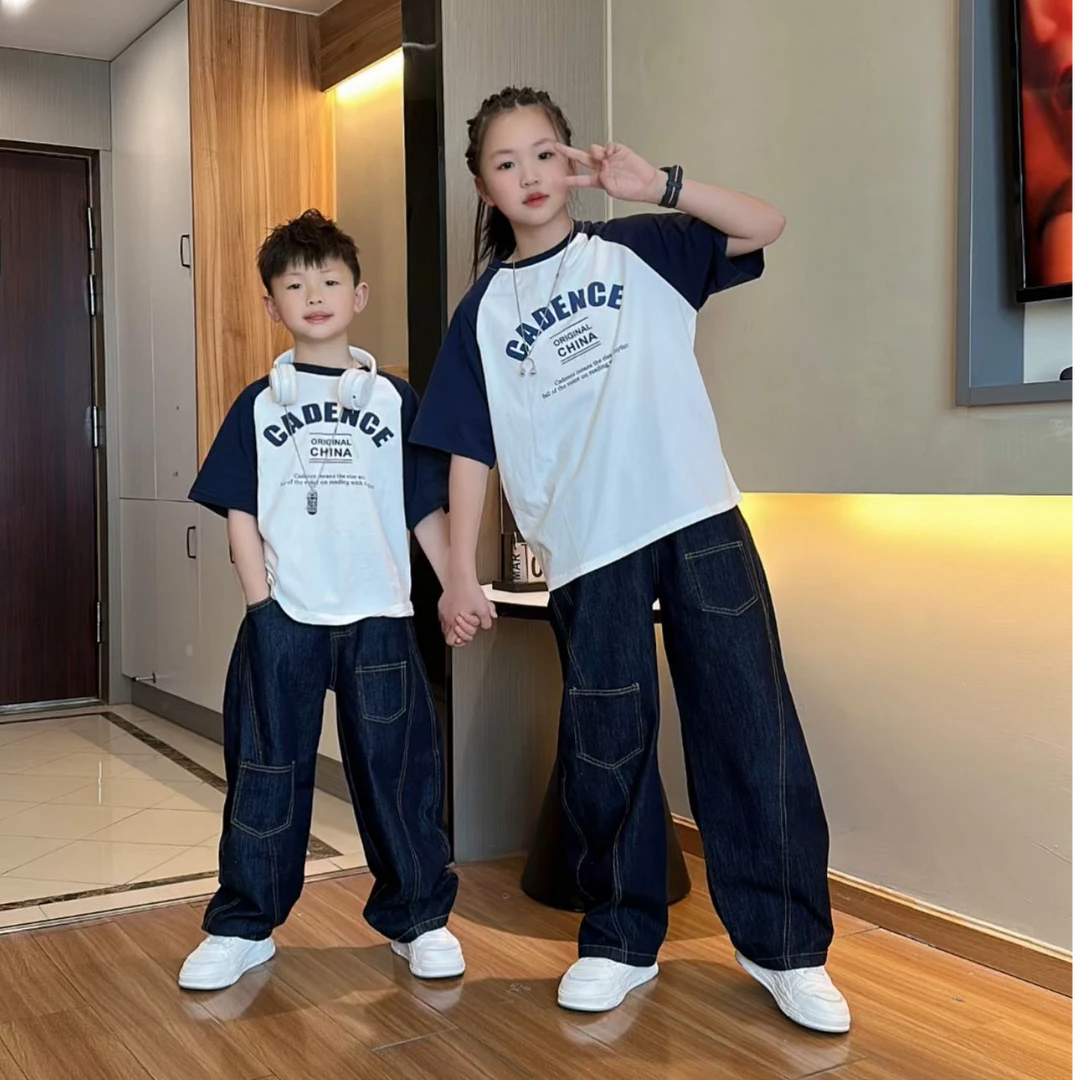 姐弟装夏季新款插肩袖儿童中大童男女童T恤宽松休闲牛仔裤套装