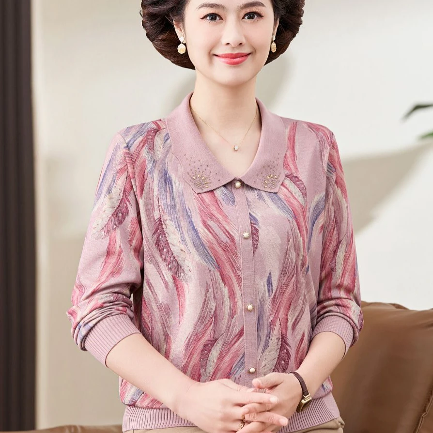 中老年女宽松打底小衫洋气质新款妈妈春秋装长袖上衣翻领针织T恤