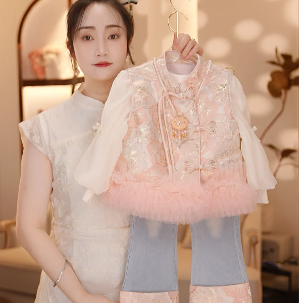 【Y.g3904】新款女童国风套装2025秋季复古女宝重工长裤套装中式
