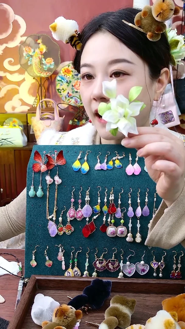 纯铜合金琉璃非遗绒花耳钩