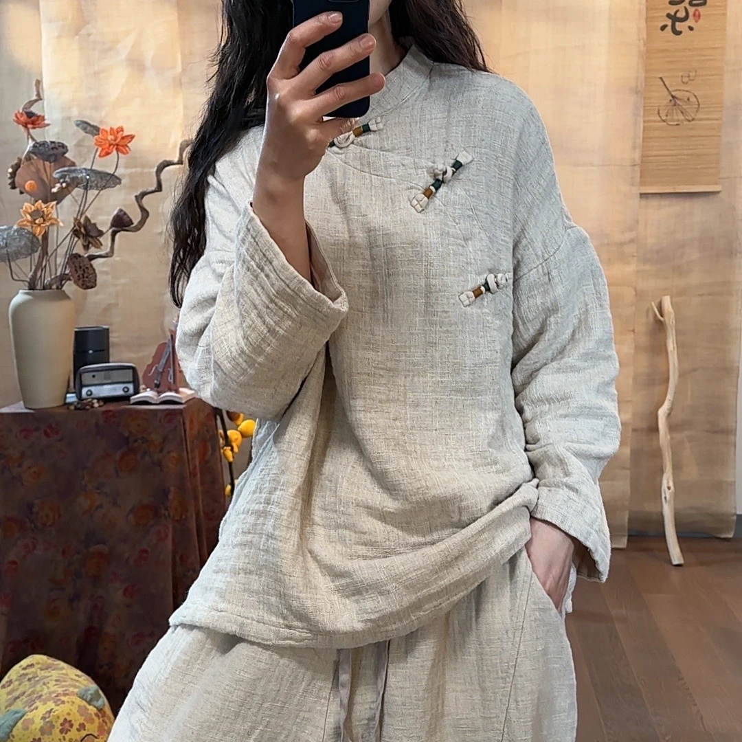 【麻黛儿】斜襟绕线盘扣春季新款麻衣（长65胸围138）