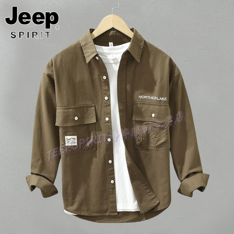 Jeep吉普潮流韩版衬衫日系宽松休闲长袖外套翻领春秋时尚百搭上衣