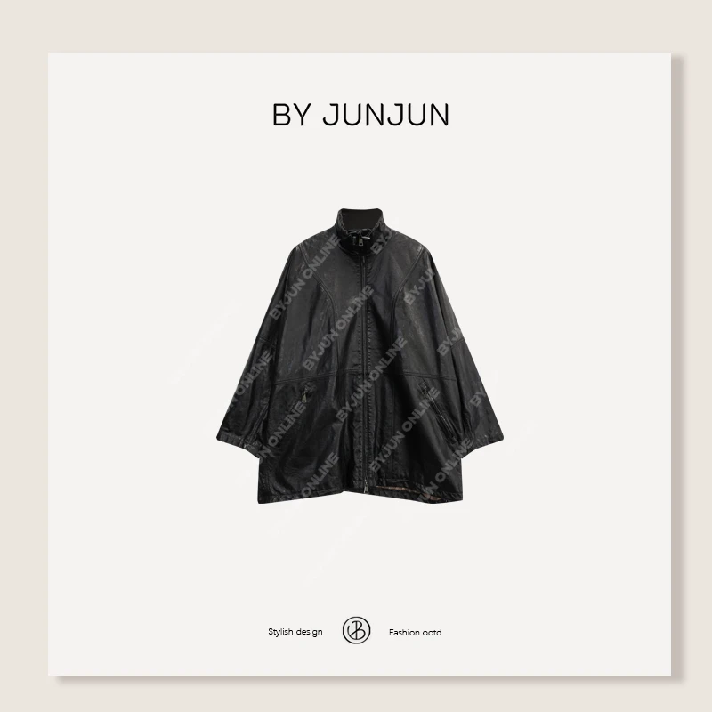 ByJunjun【爱丁堡】英胚油腊羊皮皮衣高级感立领真皮外套
