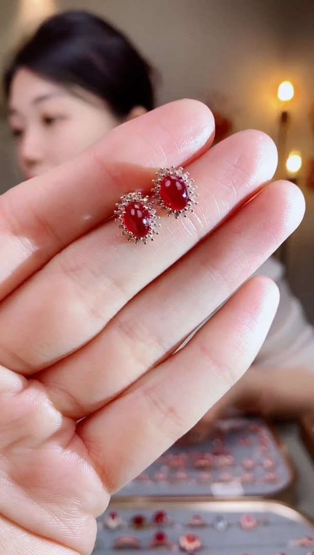 银S925镶嵌耳饰红宝石耳饰