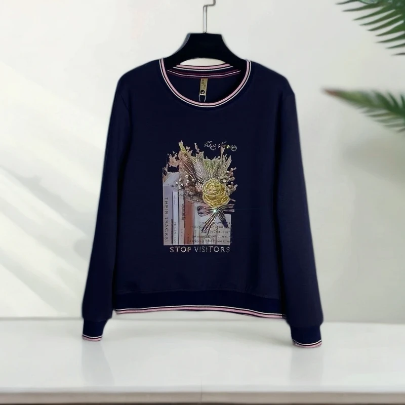 【玫瑰旋风一枝花】圆领长袖刺绣常规小香风套头百搭休闲大码春秋