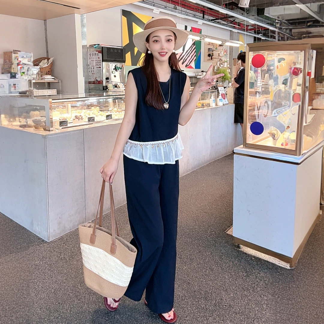 韩式时尚显瘦花边亮片套装2025夏季纯欲慵懒风阔腿裤两件套26216