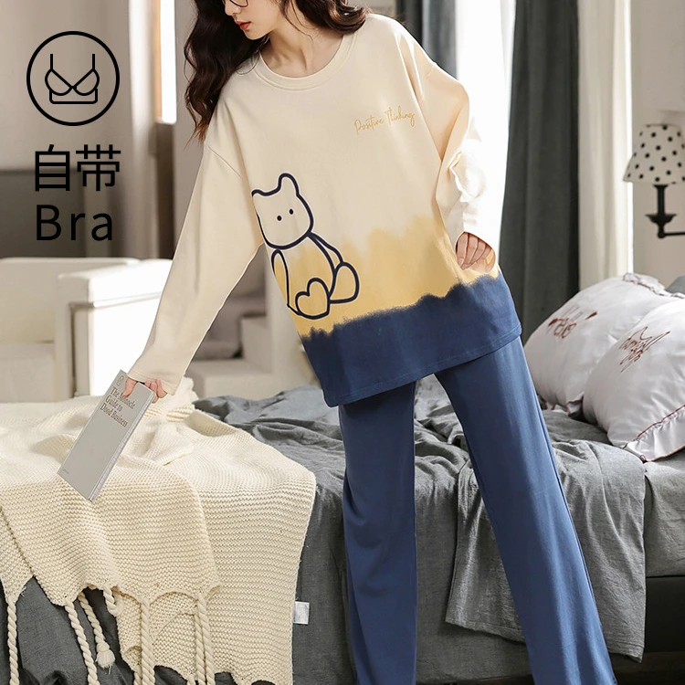 韩国潮流舒适睡衣秋女款纯棉带胸垫长袖女士春秋款坐熊家居服冬季