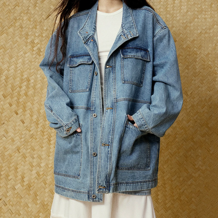 YOUMU-美式复古工装夹克风衣男女宽松上衣中长款牛仔外套