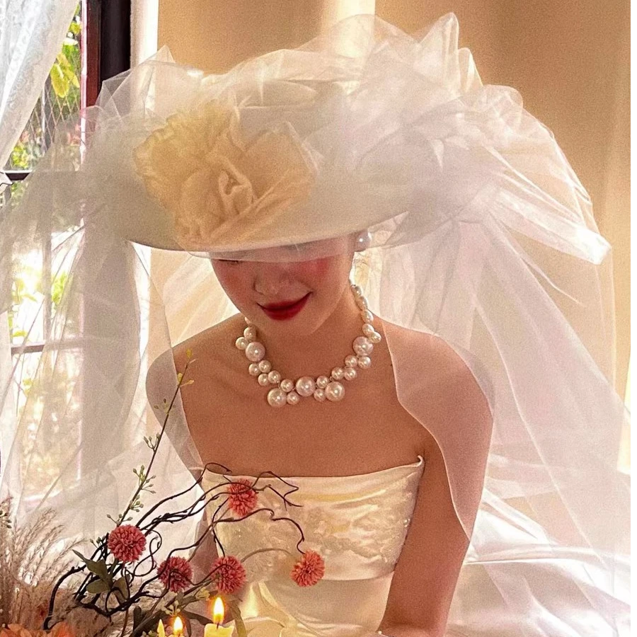 新娘高级抓纱蓬蓬法式帽纱头纱韩式薄透森系婚纱拍照影楼头饰硬网