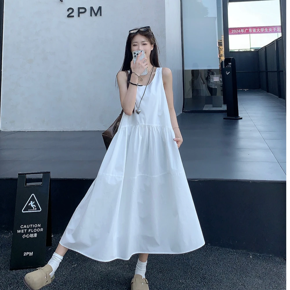 DD897白色裙子无袖连衣裙韩版宽松时尚显瘦气质开衫纯色夏季套装