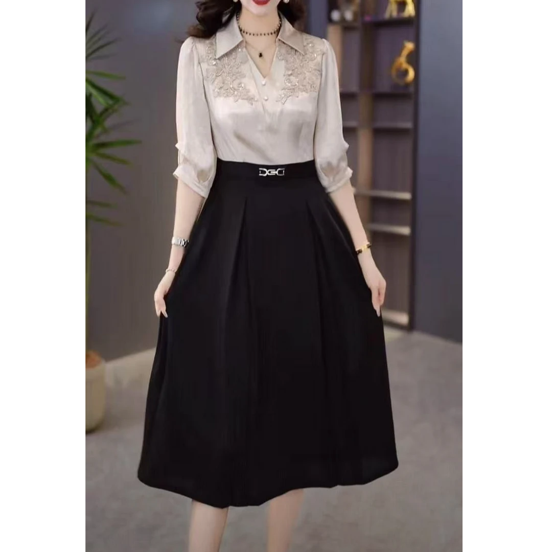 女装气质名媛假两件连衣裙早秋新款收腰减龄中长款裙子6658#