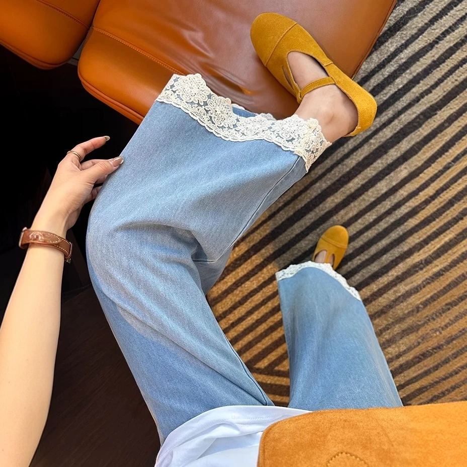 蕾丝拼接直筒牛仔裤女2025春季新款梨型身材宽松显瘦A版大阔腿裤