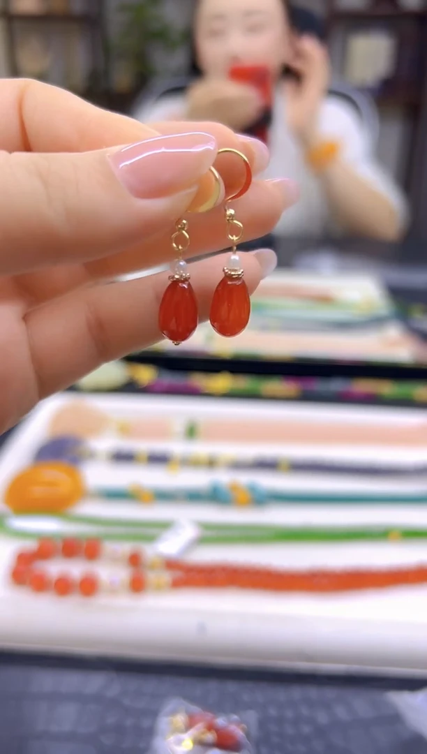 14K金镶嵌南红玛瑙耳饰DIY款E864