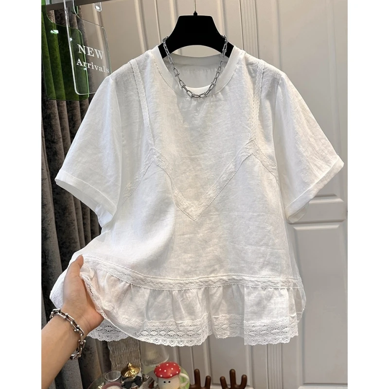 K01093超好看圆领时尚拼接蕾丝木耳边麻料卷边短袖T恤女上衣减龄