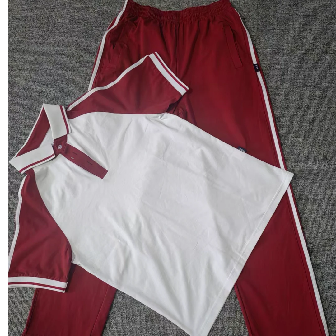 酒红拼白套装/短袖/薄裤