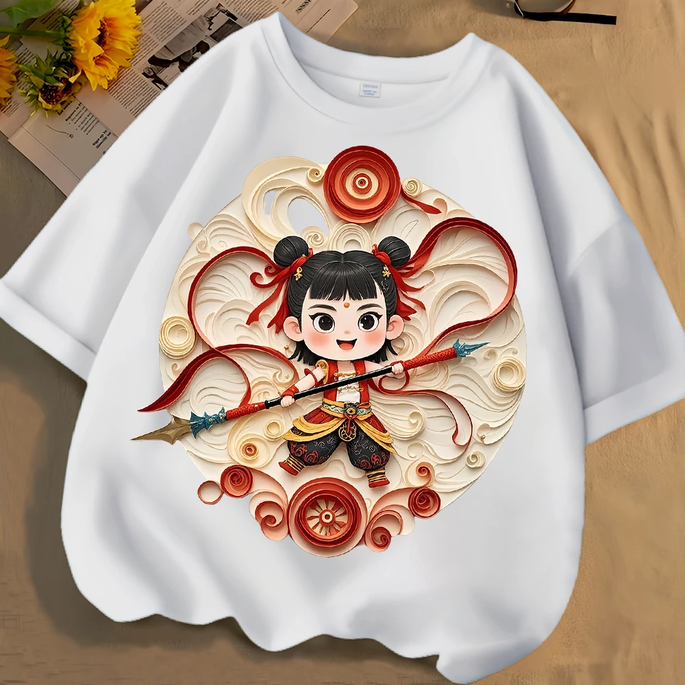 国潮哪吒春夏新款男女中大儿童短袖t恤100%纯棉圆领宽松百搭上衣