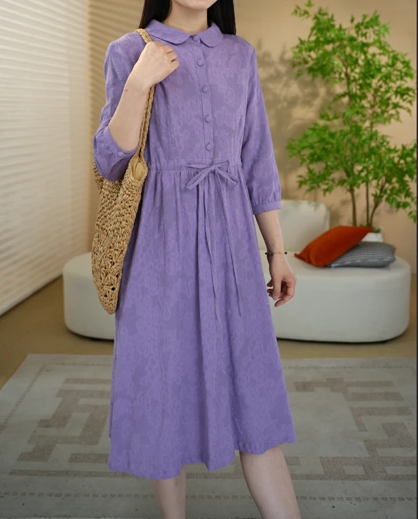 春夏纯棉提花收腰翻领连衣裙7727