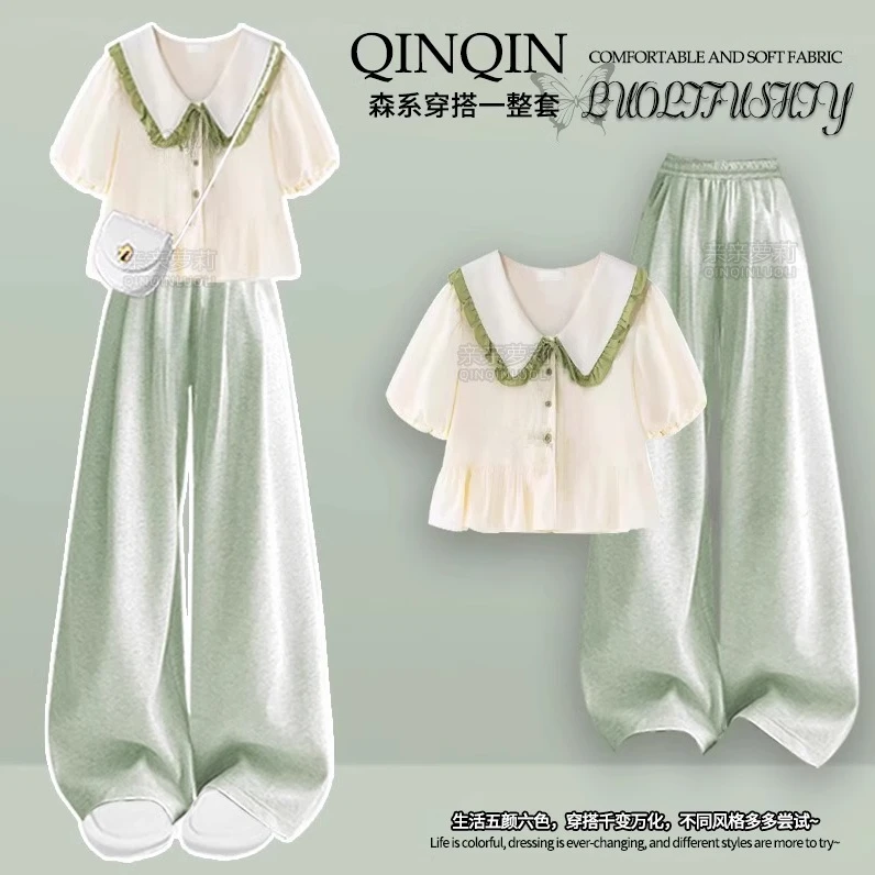 女童夏季套装2025新款韩系Polo衫短袖T恤青少年阔腿裤夏装两件套