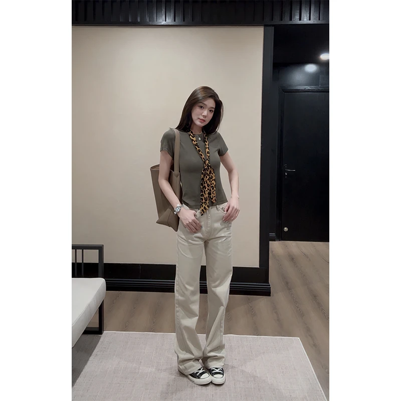 48H【镇店裤】加长窄版春夏拖地中腰无弹休闲直筒牛仔裤女 SU047