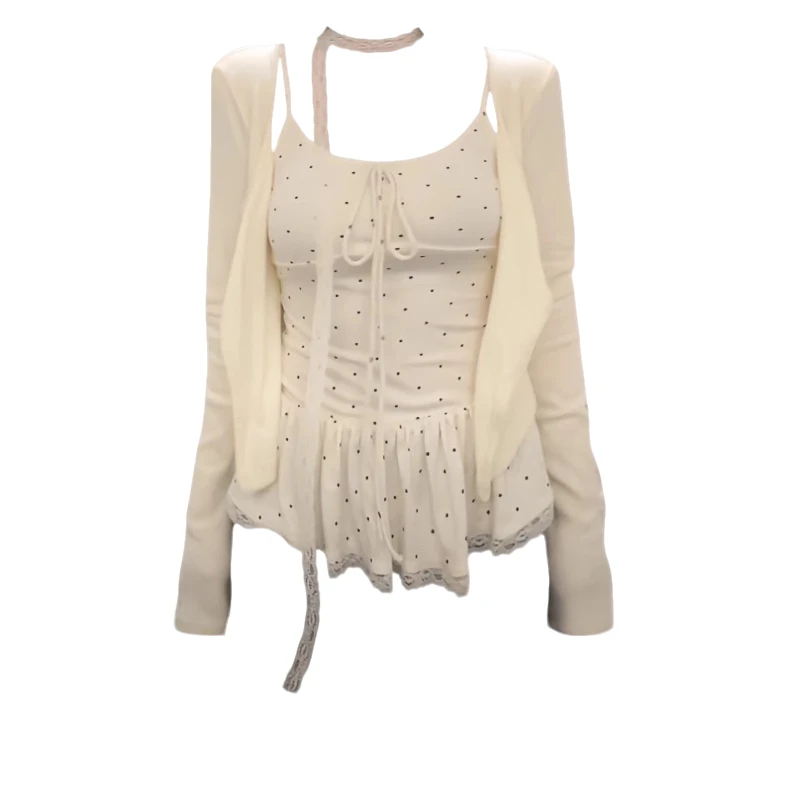 大码胖mm纯欲风荷叶边波点蕾丝吊带女秋季显瘦针织开衫气质两件套