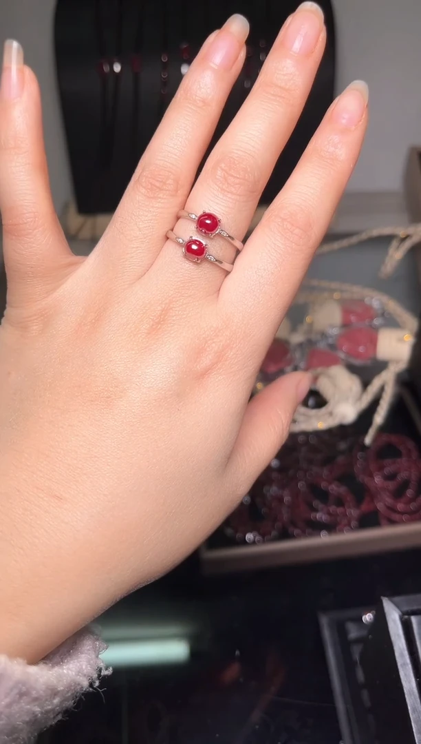 天然辰砂朱砂镶嵌S925银晶体女戒指111109