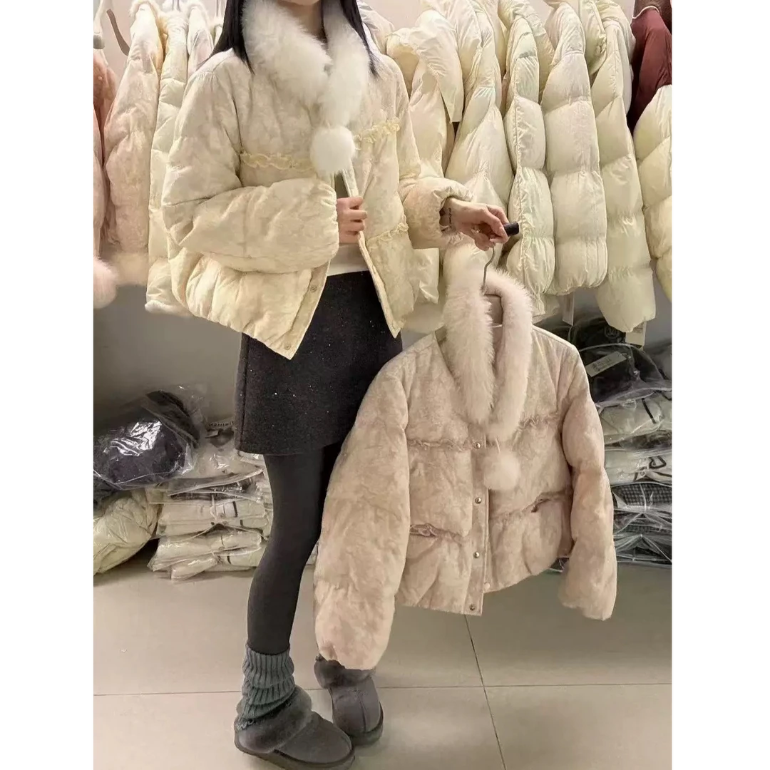 【禾嘉】新中式刺绣木耳边围脖白鸭绒羽绒服