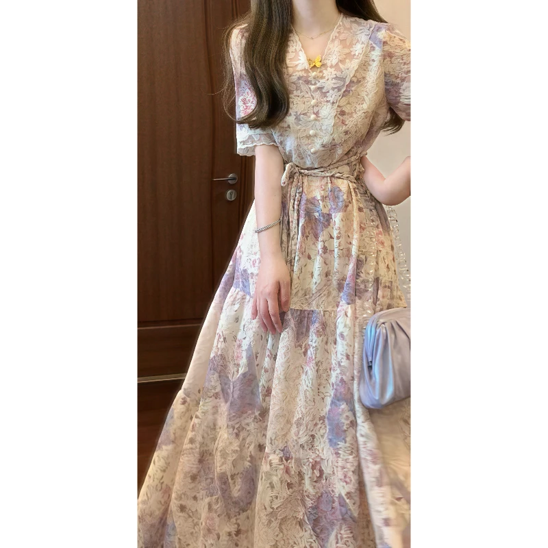 法式浪漫彩色提花蕾丝拼接V领连衣裙收腰抽绳气质长裙9421