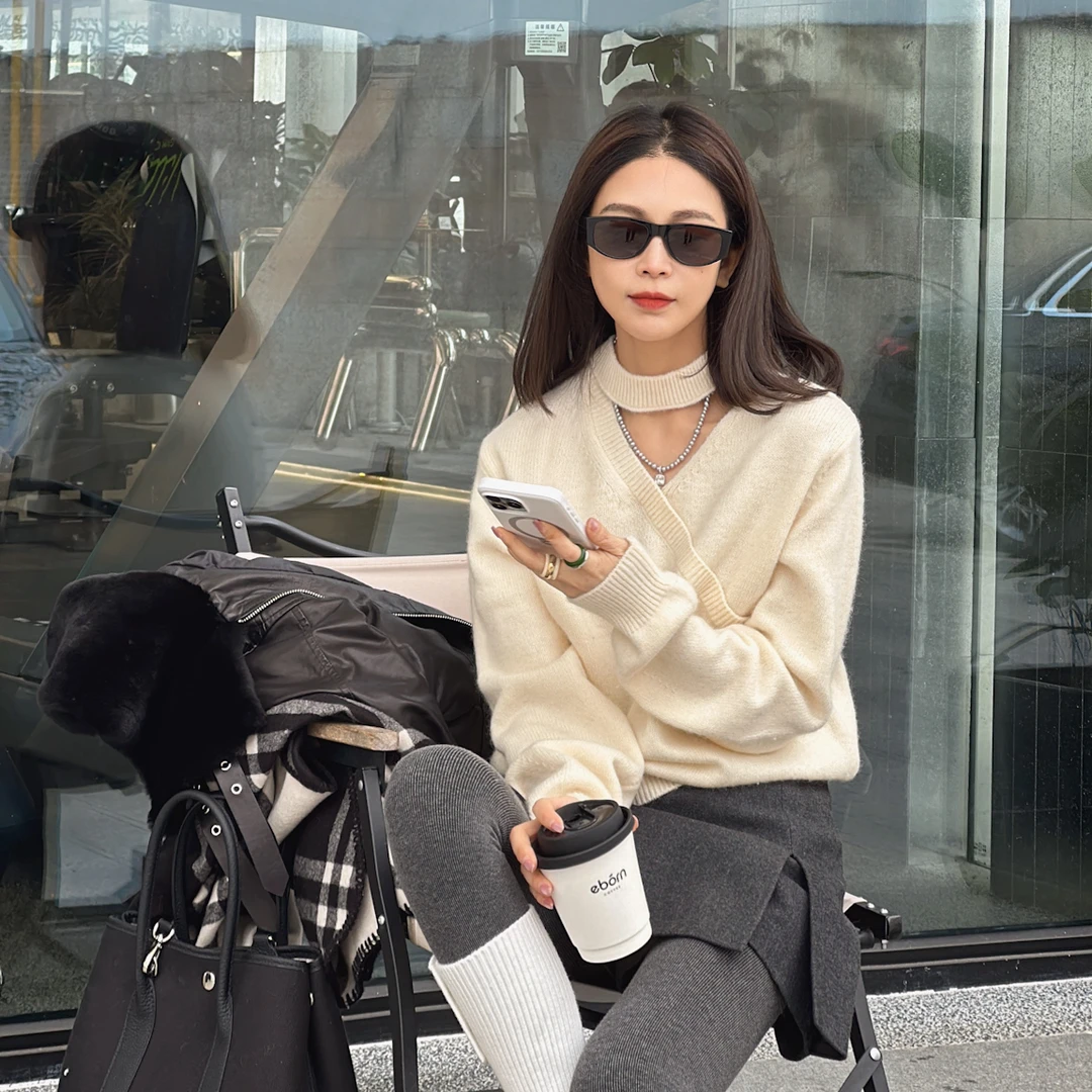 LYXZ x 大小与【森屿】冬季新款慵懒气质套脖Y形领针织毛衣75904