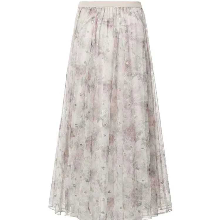 圣迪奥女装百搭花朵印花时尚网纱拼接夏季半身裙S242Z1148