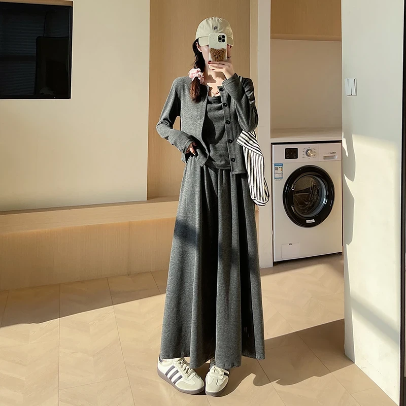 早秋新款套装裙女高级感韩系气质开衫吊带半裙酷飒风女装高级感